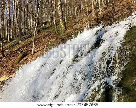 Water Supply Flowing Source Tschuder With Waterfall And Karst Spring Or Karstquelle Tschuder, Schwen