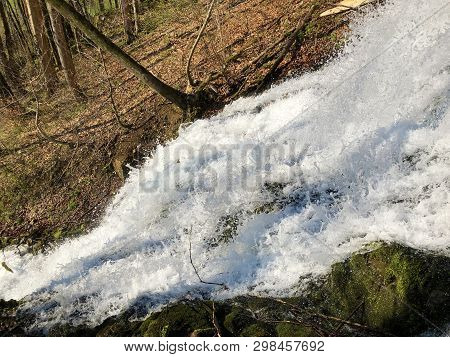 Water Supply Flowing Source Tschuder With Waterfall And Karst Spring Or Karstquelle Tschuder, Schwen
