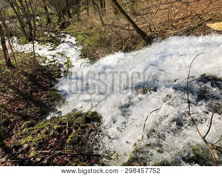Water Supply Flowing Source Tschuder With Waterfall And Karst Spring Or Karstquelle Tschuder, Schwen