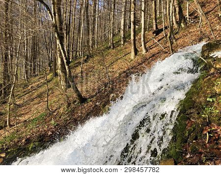 Water Supply Flowing Source Tschuder With Waterfall And Karst Spring Or Karstquelle Tschuder, Schwen