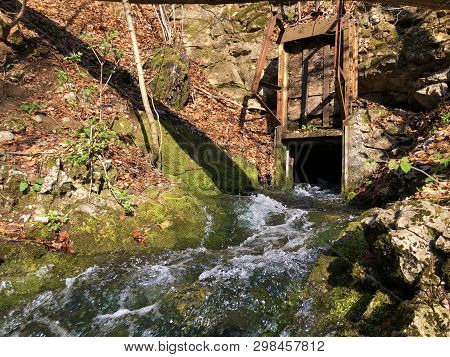 Water Supply Flowing Source Tschuder With Waterfall And Karst Spring Or Karstquelle Tschuder, Schwen