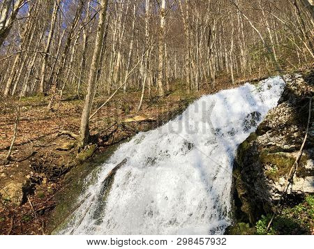 Water Supply Flowing Source Tschuder With Waterfall And Karst Spring Or Karstquelle Tschuder, Schwen