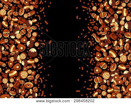 Chocolate Candy Frame Of Choco Candies On Black Background. Chocolate Candy Banner, Top View, Flat L