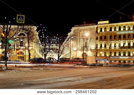 Saint Petersburg, Russia - January 8, 2018: Christmas Decoration Rossi Street In St. Petersburg - Ni