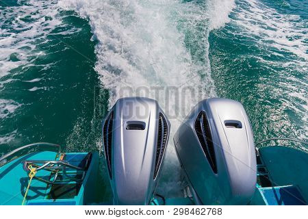 Speed Boat Engine View From The Back Of The Speedboat. Beautiful View From Samet Island Thailand.