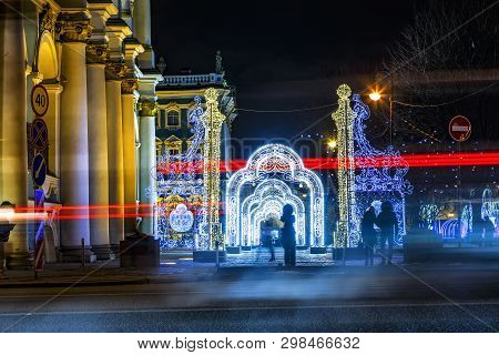 Nevsky Prospekt. Street Christmas Decorations In The Evening. Winter Holidays. Light Gallery In Salt