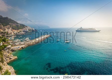Cruise Liner Near Salerno Amalfitan Coast In Italy