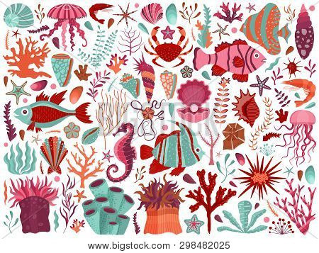 Underwater Sea Flora And Fauna Set With Algae, Corals, Fishes, Shells, And Medusas On Dark Backgroun