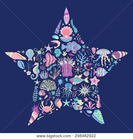 Underwater Sea Life T-shirt Print In Star Shape With Algae, Corals, Fishes, Clams, Shells And Medusa