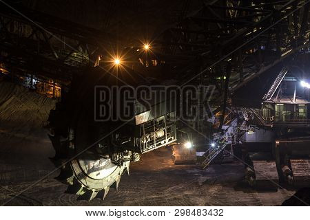 Bucket Wheel Excavator In Lignite Mining, Night Shot, Long Exposure