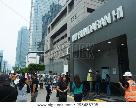 Jakarta, Indonesia - April 7, 2019: Crowd Of People At The Entrance Gate Of Bundaran Hi Mrt Station 