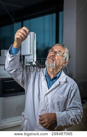 Senior scientist in a chemistry lab carrying out research - looking at gas chromatography samples, preparing the analysis on a modern gas chromatographer (color toned image)