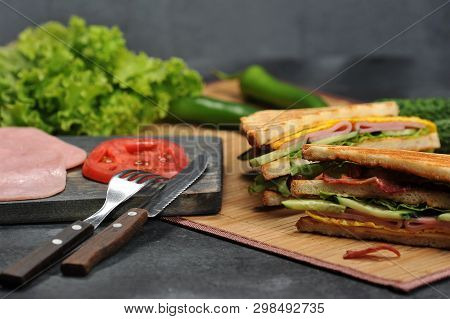 Pressed And Toasted Double Panini  - Triangular Shaped Sandwiches With Ham And Omelet On A Plate On 