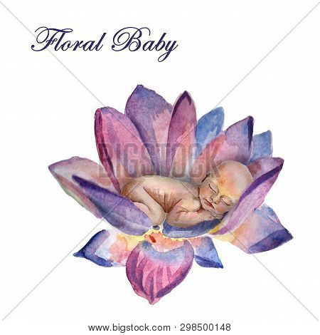 Watercolor Newborn Sleeping Baby In The Flower Lotus
