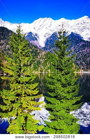 Lake Riza. Abkhazia. Nature Background Summer. Sea Horizon. Mountains Of Abkhazia. Black Sea. Summer