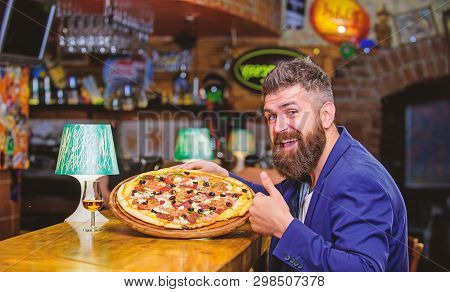 Man Received Delicious Pizza. Enjoy Your Meal. Cheat Meal Concept. Pizza Favorite Restaurant Food. F