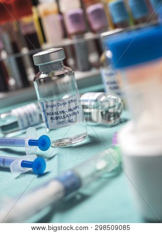 Different Vials Of Triple Viral Vaccine Of Measles, Rubella And Mumps, Known As Mmr, Conceptual Imag