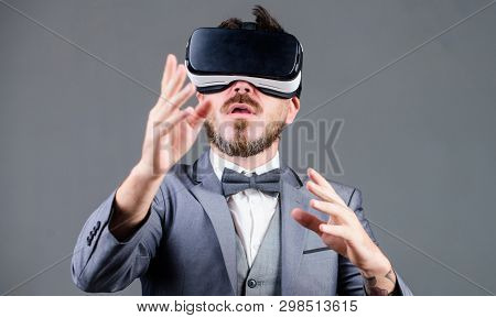 Business Man Virtual Reality. Innovation And Technological Advances. Business Implement Modern Techn
