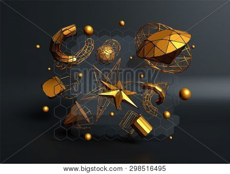 Collection of golden crystal elements such as spehres, star, tubes, cones on black background.
