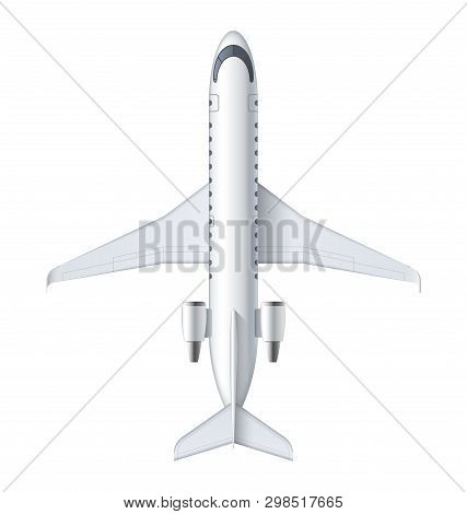 Flying Airplane, Regional Jet Aircraft, Airliner. Top View Of Detailed Passenger Air Plane Isolated 