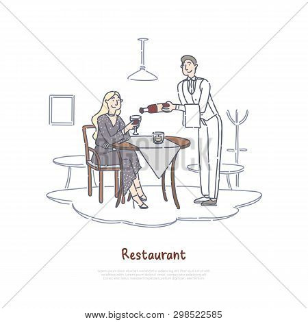 Restaurant Wine Tasting, Degustation, Young Woman Holding Wine Glass, Exquisite Dinner, Catering Ser