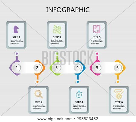 Thin Line Minimal Infographic Design Template With Shadows And With Icons And 6 Options Or Steps. It