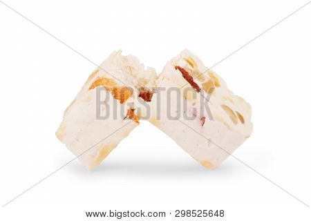 French Soft Nougat With Strawberry Flawour And Almonds Isolated On White Background. Greek Manolato