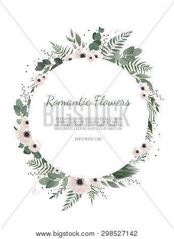 Floral Wreath With Green Eucalyptus Leaves, Flower Rose, Anemone . Frame Border With Copy Space