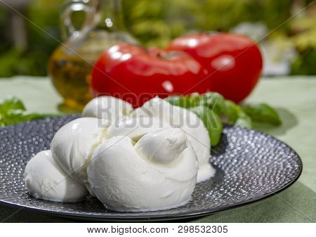 Twisted To Form A Plait Treccia Mozzarella Italian Soft Cheese Served With Fresh Basil And Tomatoes