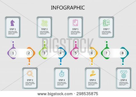 Thin Line Minimal Infographic Design Template With Shadows And With Icons And 8 Options Or Steps. It
