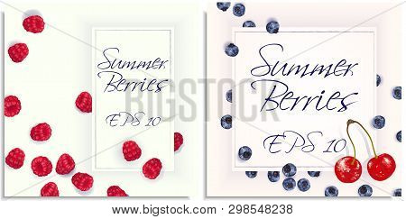 Vector Postcard Inviting With Hand-drawn Realistic Raspberry, Cherry, Blaeberry, Like Paints, Juicy 