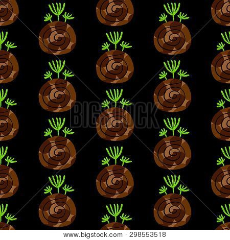 Kokedama Seamless Hand Drawn Pattern. Ball Of Soil Covered With Moss. Traditional Japanese Decorativ
