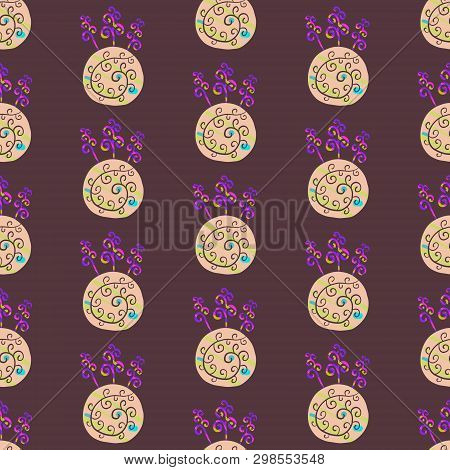 Kokedama Seamless Hand Drawn Pattern. Ball Of Soil Covered With Moss. Traditional Japanese Decorativ