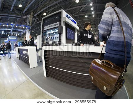 Moscow, Russia - April 11, 2019: Booth Of Olympus Company At Photoforum 2019 Trade Show And Exhibiti