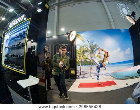 Moscow, Russia - April 11, 2019: Studio Area Inside The Booth Of Nikon Company At Photoforum 2019 Tr