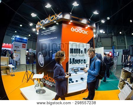 Moscow, Russia - April 11, 2019: Booth Of Godox Company At Photoforum 2019 Trade Show And Exhibition
