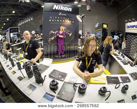 Moscow, Russia - April 11, 2019: Booth Of Nikon Company At Photoforum 2019 Trade Show And Exhibition