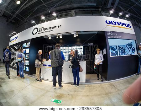 Moscow, Russia - April 11, 2019: Art Space Booth Of Olympus Company At Photoforum 2019 Trade Show An