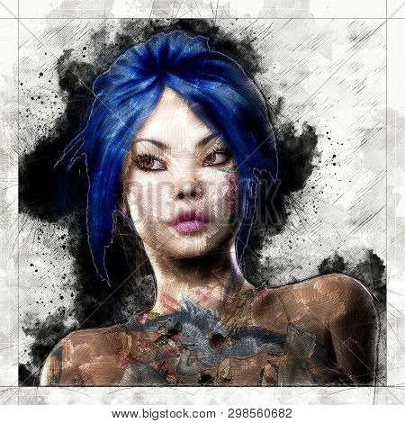 Digital Artistic Sketch, Based On A Self-created 3d Illustration Of A Fantasy Female, Model-release 