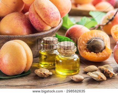 Apricot kernel oil and apricot kernels on wooden background.