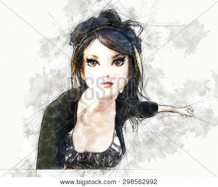 Digital Artistic Sketch, Based On A Self-created 3d Illustration Of A Fantasy Female, Model-release 