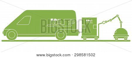 Vector Illustration With Robot Loader Loads Boxes Into A Car. Automation Warehouse Processes. Smart 