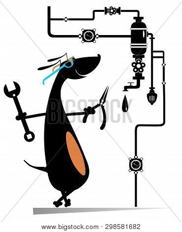 Comic Mechanic Dog Repairs Pipe Construction Illustration. Cute Dachshund Repairs Pipe Construction 