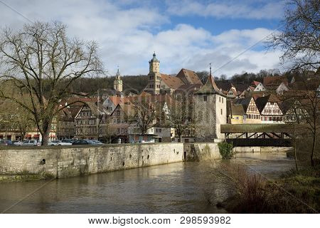 Bridge And River Kocher, Schwabisch Hall, Baden-wurttemberg, Germany - December 2013