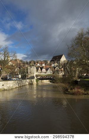 Bridge And River Kocher, Schwabisch Hall, Baden Wurttemberg, Germany - December 2013