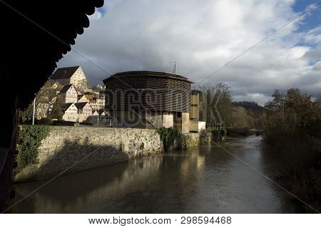 Halle Glober Theatre, Bridge And River Kocher, Schwabisch Hall, Baden Wurttemberg, Germany - Decembe
