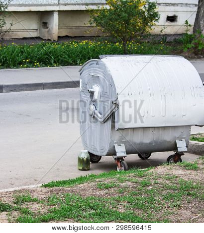 Trash Can. Trash Stands On The Street. Copyspace