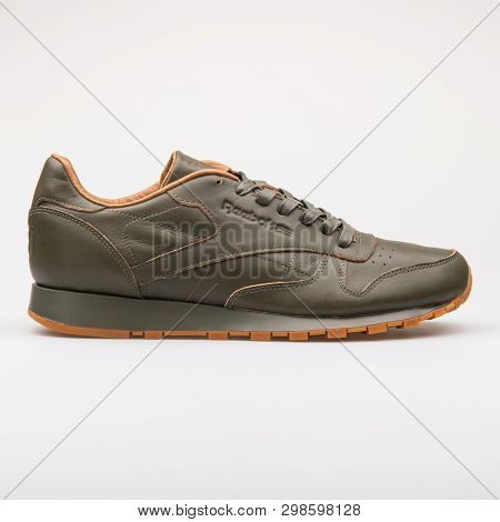 Vienna, Austria - August 23, 2017: Reebok Classic Leather Lux Kendrick Green Sneaker On White Backgr