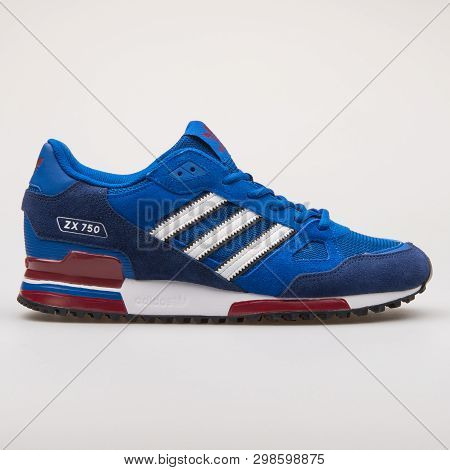 Vienna, Austria - August 23, 2017: Adidas Zx 750 Blue Sneaker On White Background.