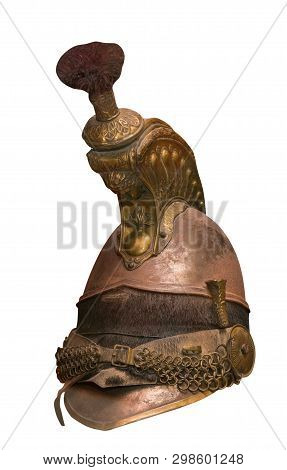 Roman Centurion Helmet Isolated On White Background. Vintage Roman Centurion Helmet .
